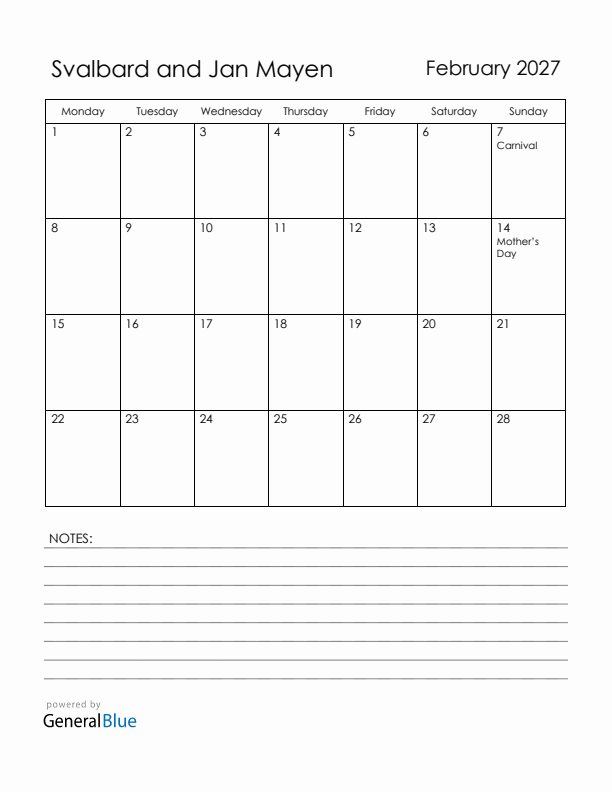 February 2027 Svalbard and Jan Mayen Calendar with Holidays (Monday Start)