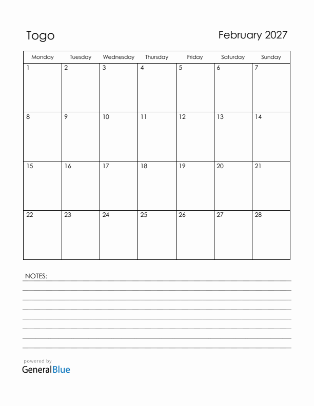 February 2027 Togo Calendar with Holidays (Monday Start)