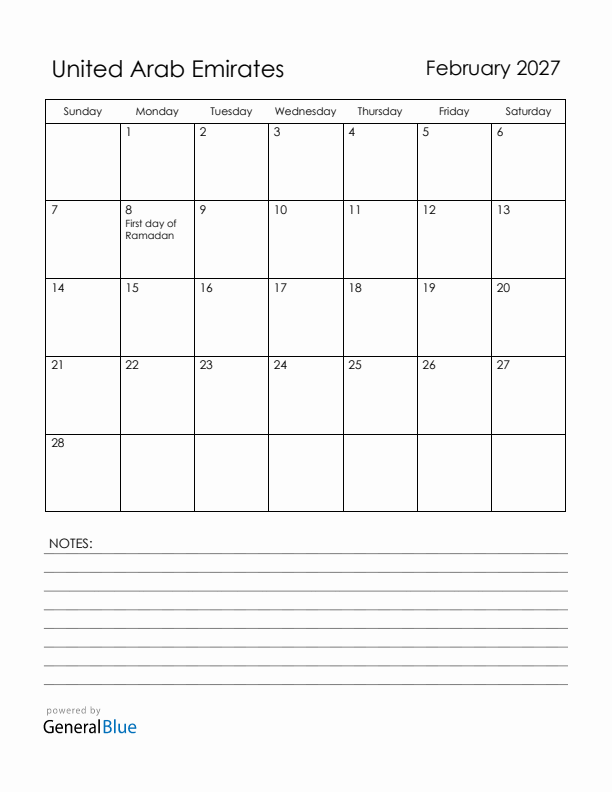 February 2027 United Arab Emirates Calendar with Holidays (Sunday Start)