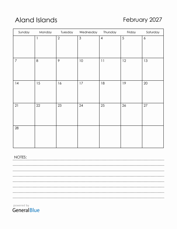 February 2027 Aland Islands Calendar with Holidays (Sunday Start)