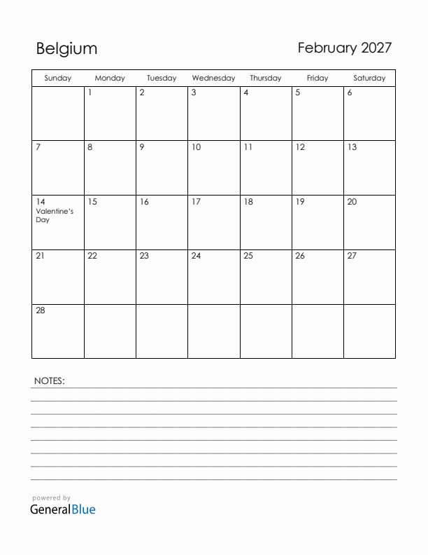 February 2027 Belgium Calendar with Holidays (Sunday Start)
