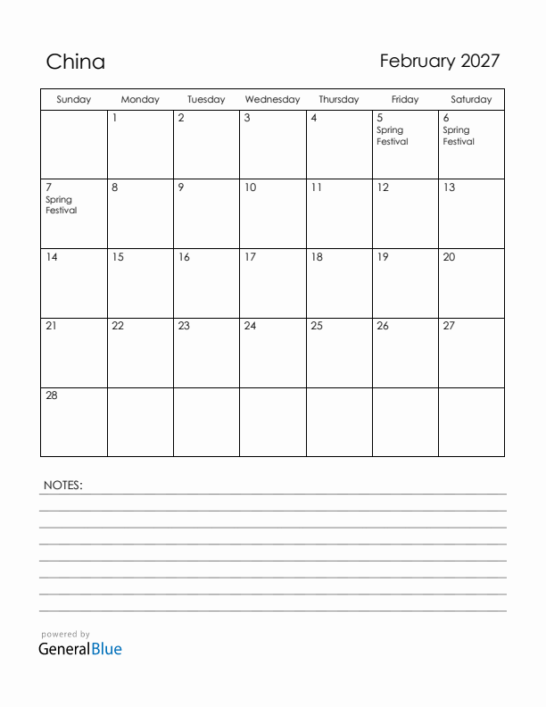 February 2027 China Calendar with Holidays (Sunday Start)