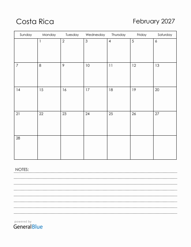 February 2027 Costa Rica Calendar with Holidays (Sunday Start)