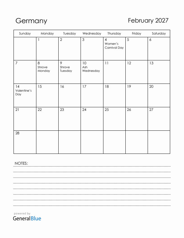 February 2027 Germany Calendar with Holidays (Sunday Start)