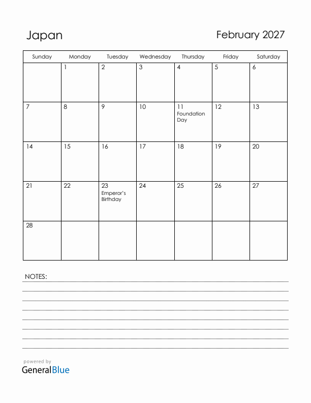 February 2027 Japan Calendar with Holidays (Sunday Start)
