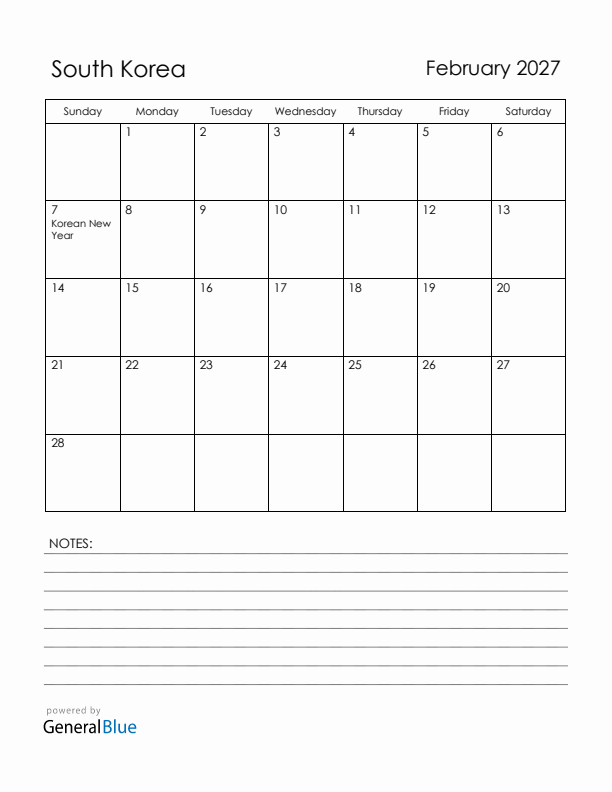 February 2027 South Korea Calendar with Holidays (Sunday Start)