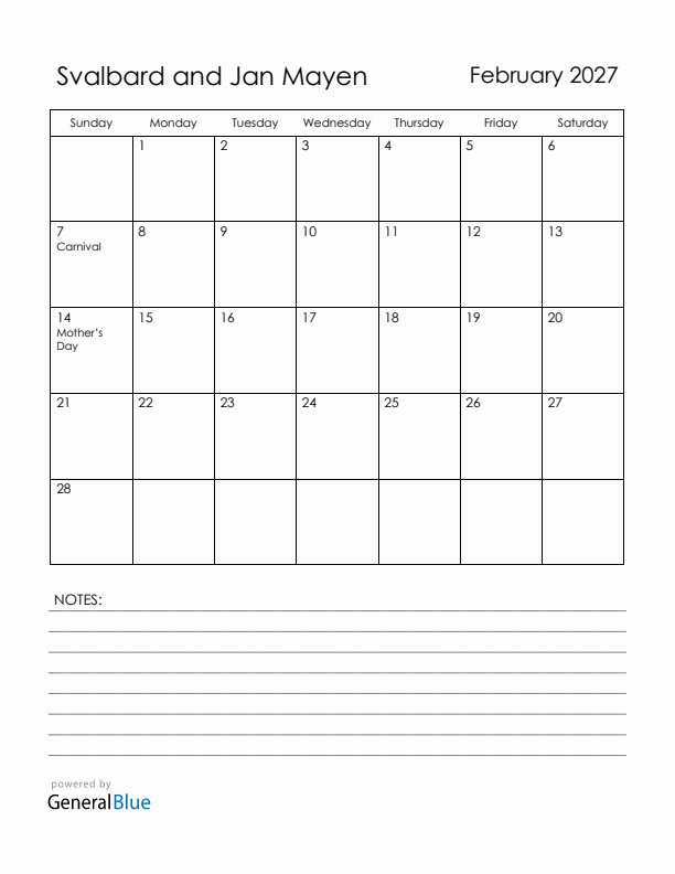 February 2027 Svalbard and Jan Mayen Calendar with Holidays (Sunday Start)