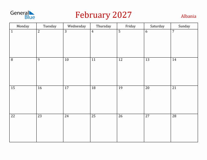 Albania February 2027 Calendar - Monday Start