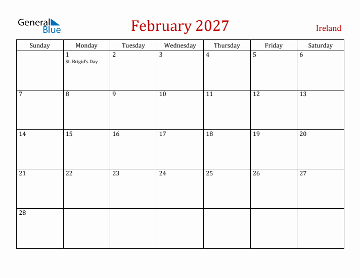 Ireland February 2027 Calendar - Sunday Start