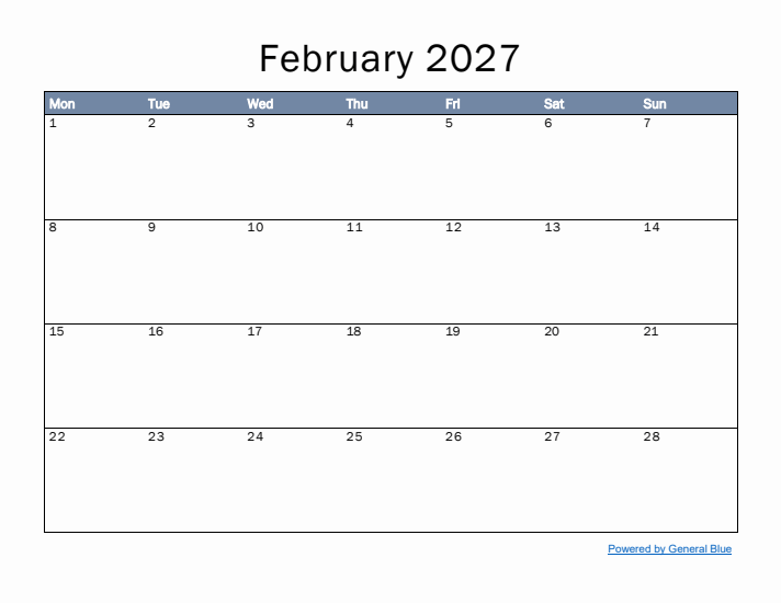 February 2027 Simple Month Calendar Template