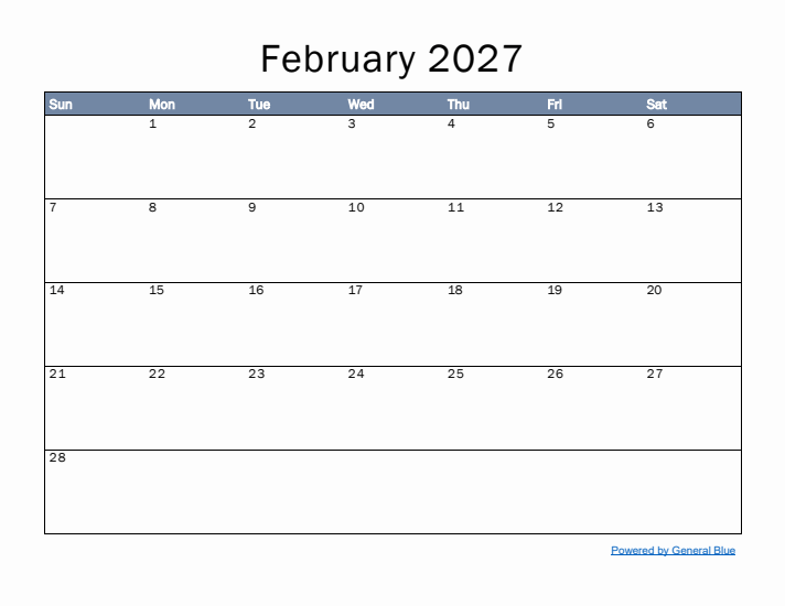 February 2027 Simple Month Calendar Template