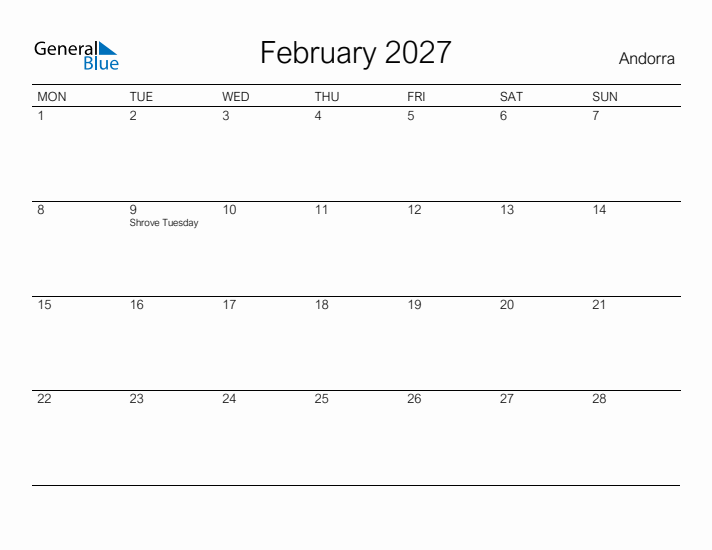 Printable February 2027 Calendar for Andorra