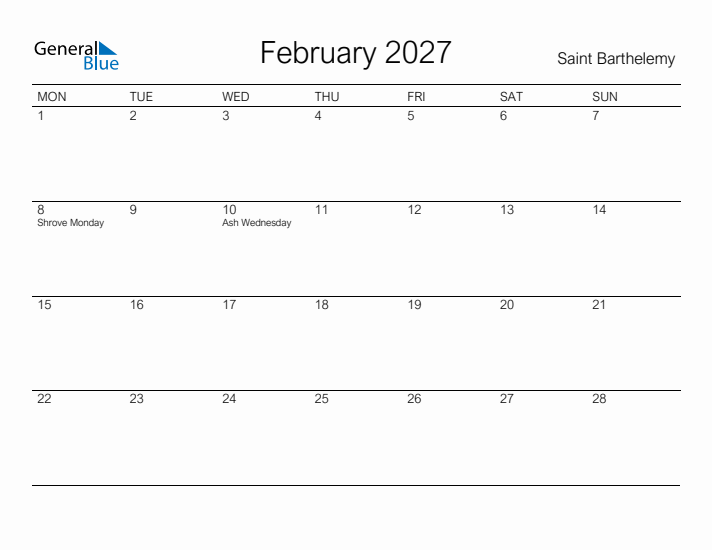 Printable February 2027 Calendar for Saint Barthelemy