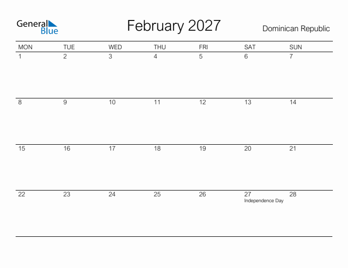 Printable February 2027 Calendar for Dominican Republic