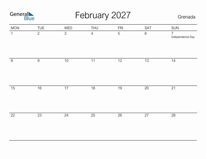 Printable February 2027 Calendar for Grenada