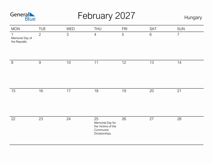 Printable February 2027 Calendar for Hungary