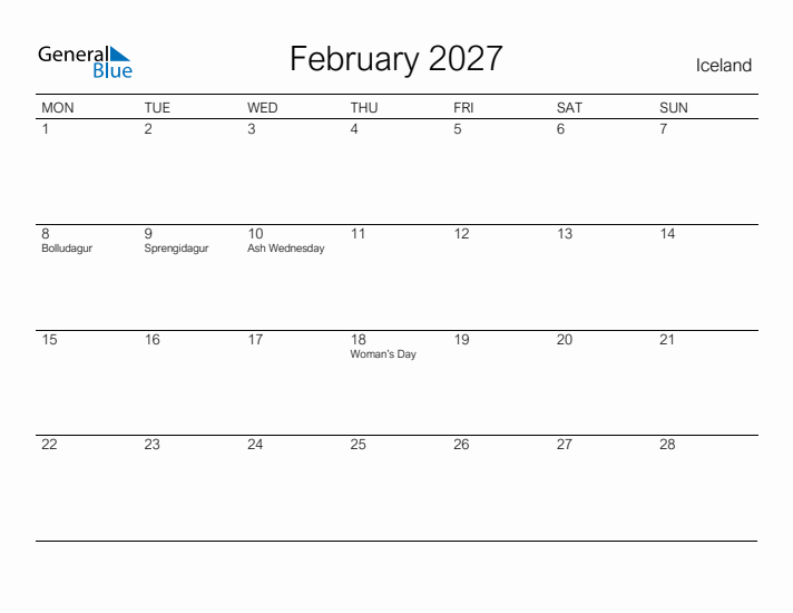 Printable February 2027 Calendar for Iceland