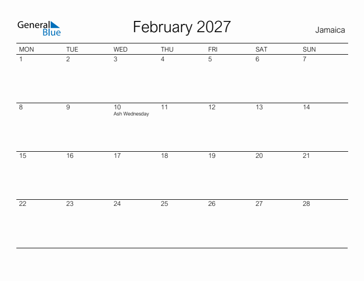 Printable February 2027 Calendar for Jamaica