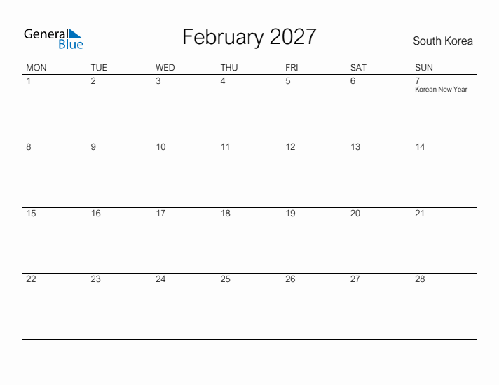 Printable February 2027 Calendar for South Korea