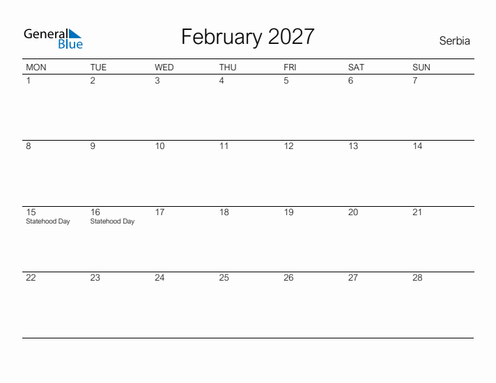 Printable February 2027 Calendar for Serbia