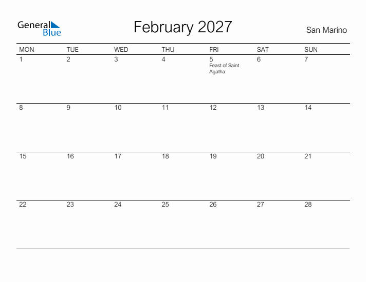 Printable February 2027 Calendar for San Marino