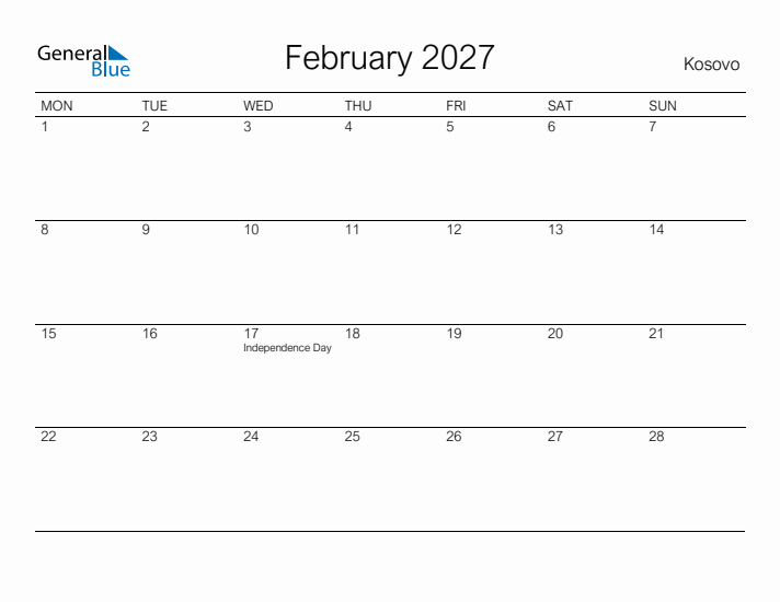 Printable February 2027 Calendar for Kosovo