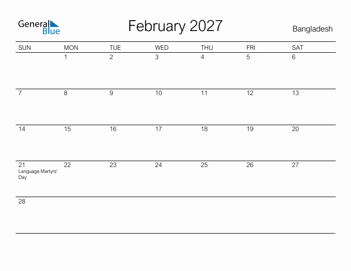 Printable February 2027 Calendar for Bangladesh