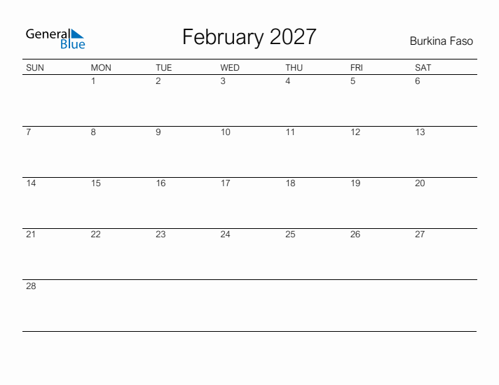 Printable February 2027 Calendar for Burkina Faso