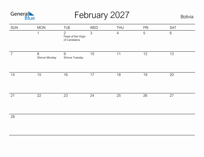 Printable February 2027 Calendar for Bolivia