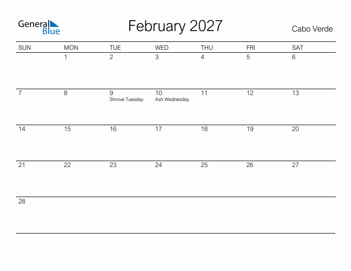 Printable February 2027 Calendar for Cabo Verde