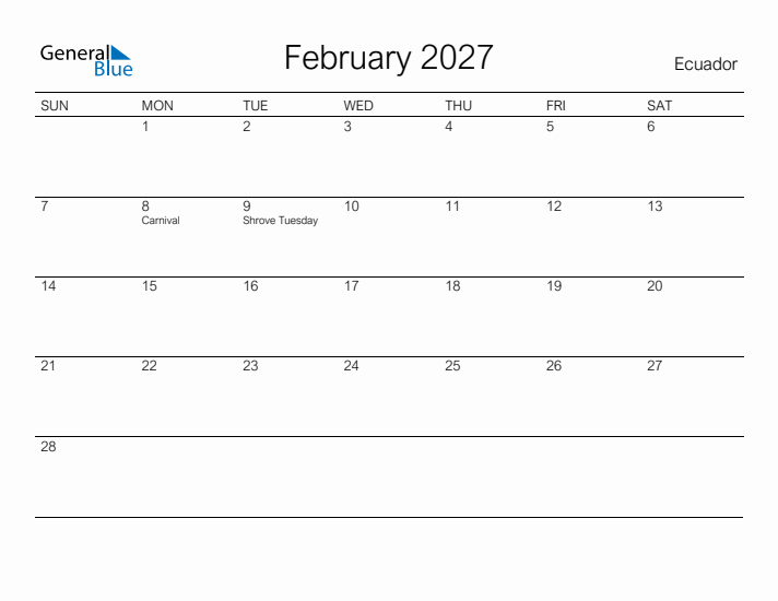 Printable February 2027 Calendar for Ecuador