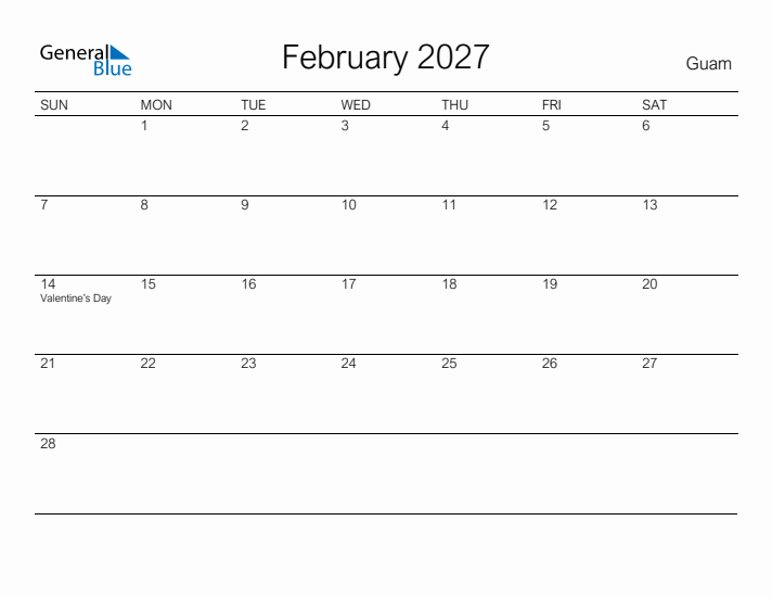 Printable February 2027 Calendar for Guam