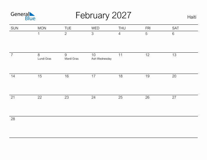 Printable February 2027 Calendar for Haiti