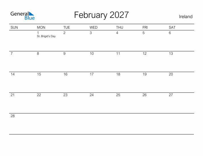 Printable February 2027 Calendar for Ireland