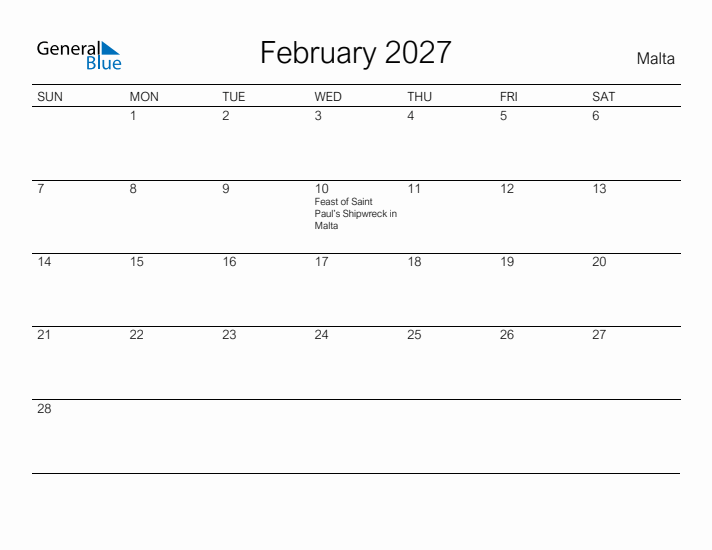 Printable February 2027 Calendar for Malta