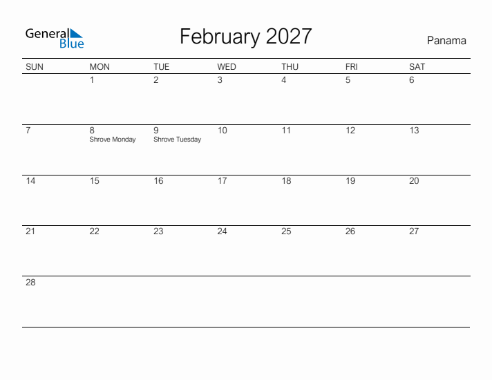 Printable February 2027 Calendar for Panama