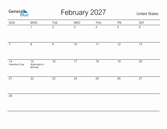 Printable February 2027 Calendar for United States