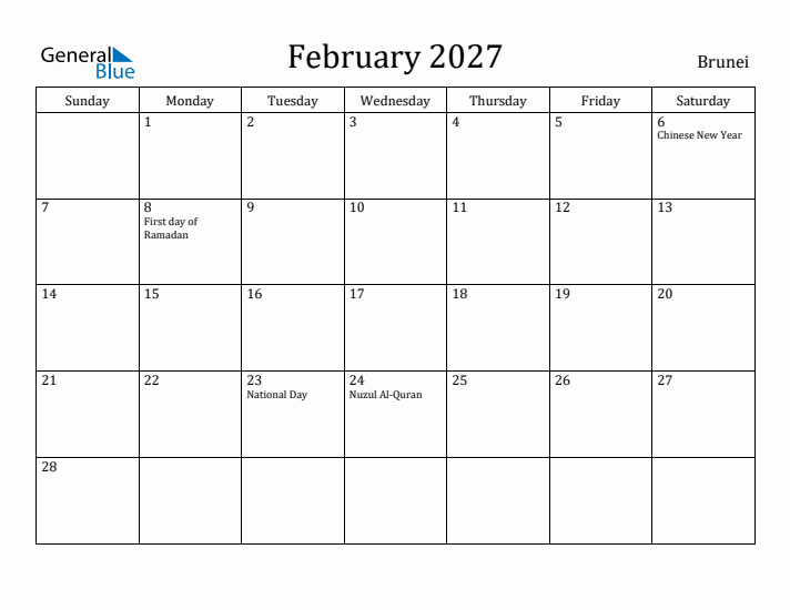 February 2027 Calendar Brunei