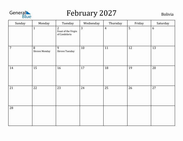 February 2027 Calendar Bolivia