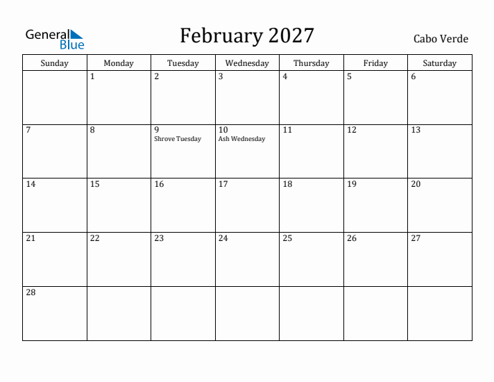 February 2027 Calendar Cabo Verde