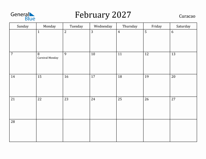 February 2027 Calendar Curacao