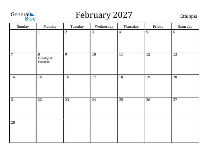 February 2027 Calendar Ethiopia