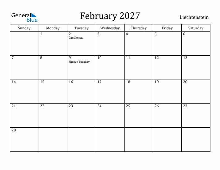 February 2027 Calendar Liechtenstein