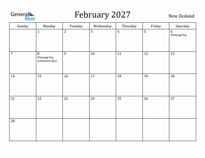 February 2027 Calendar New Zealand