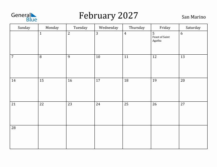 February 2027 Calendar San Marino