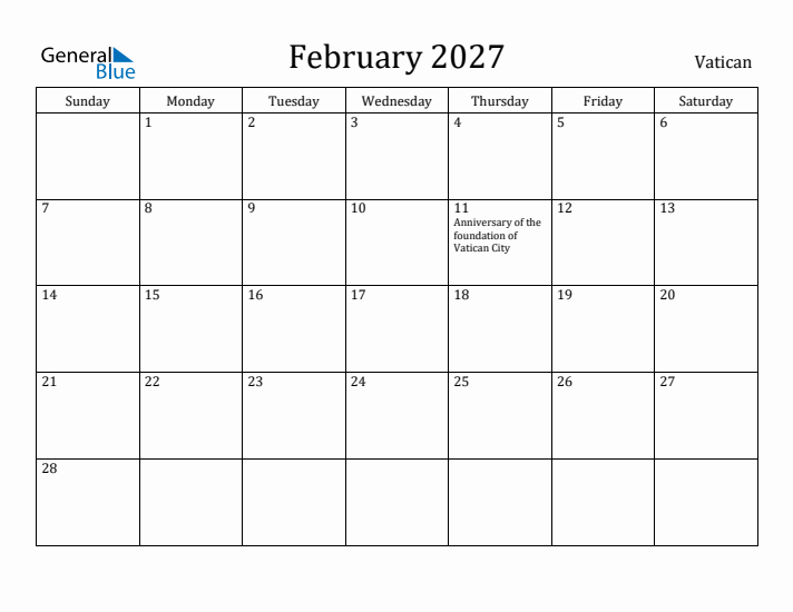 February 2027 Calendar Vatican