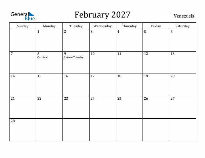 February 2027 Calendar Venezuela