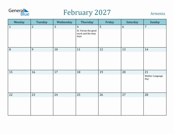 February 2027 Calendar with Holidays