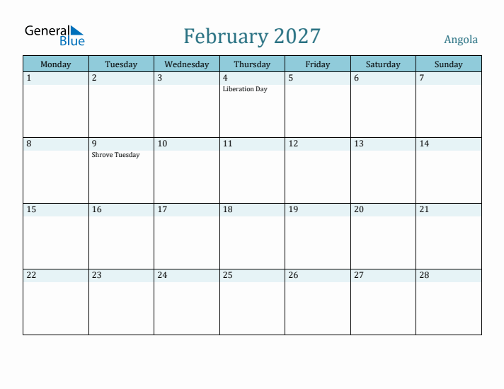 February 2027 Calendar with Holidays