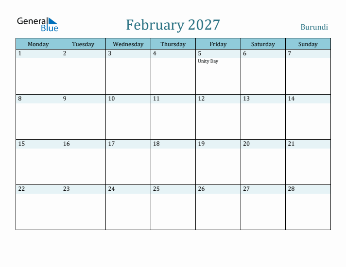 February 2027 Calendar with Holidays